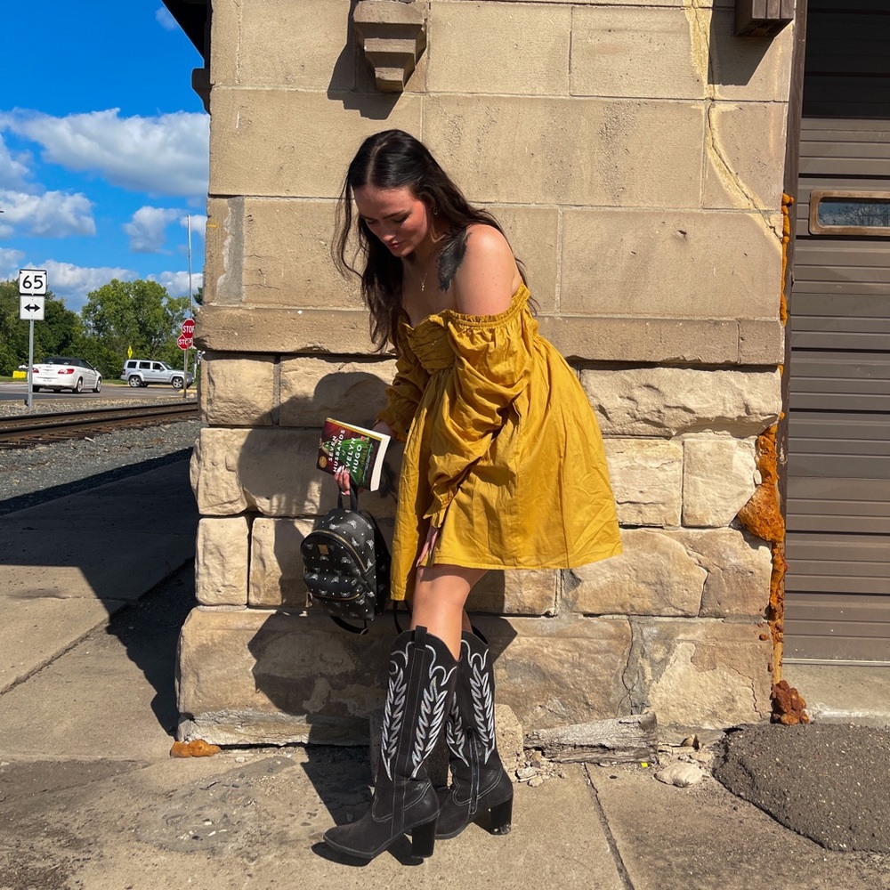 Fall dark gold yellow shirred puff sleeve mini dress long sleeve